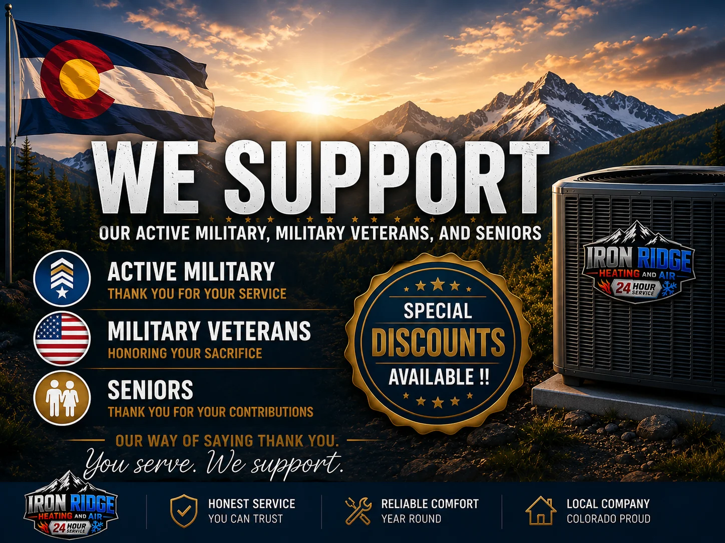 HVAC unit with military appreciation messaging and special discounts for active duty, veterans, and seniors