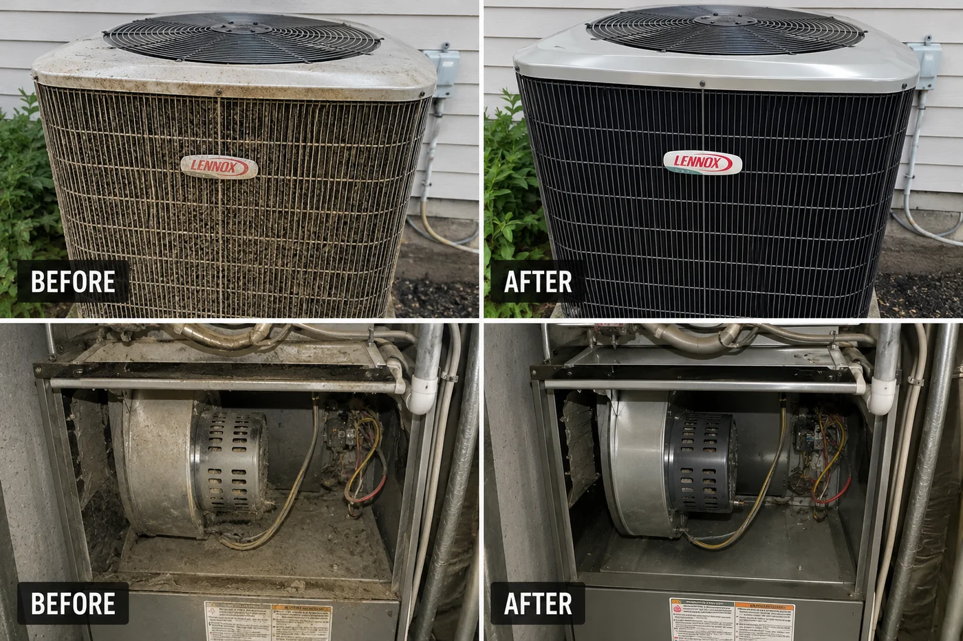 Before and after comparison of Lennox AC unit exterior and interior cleaning service