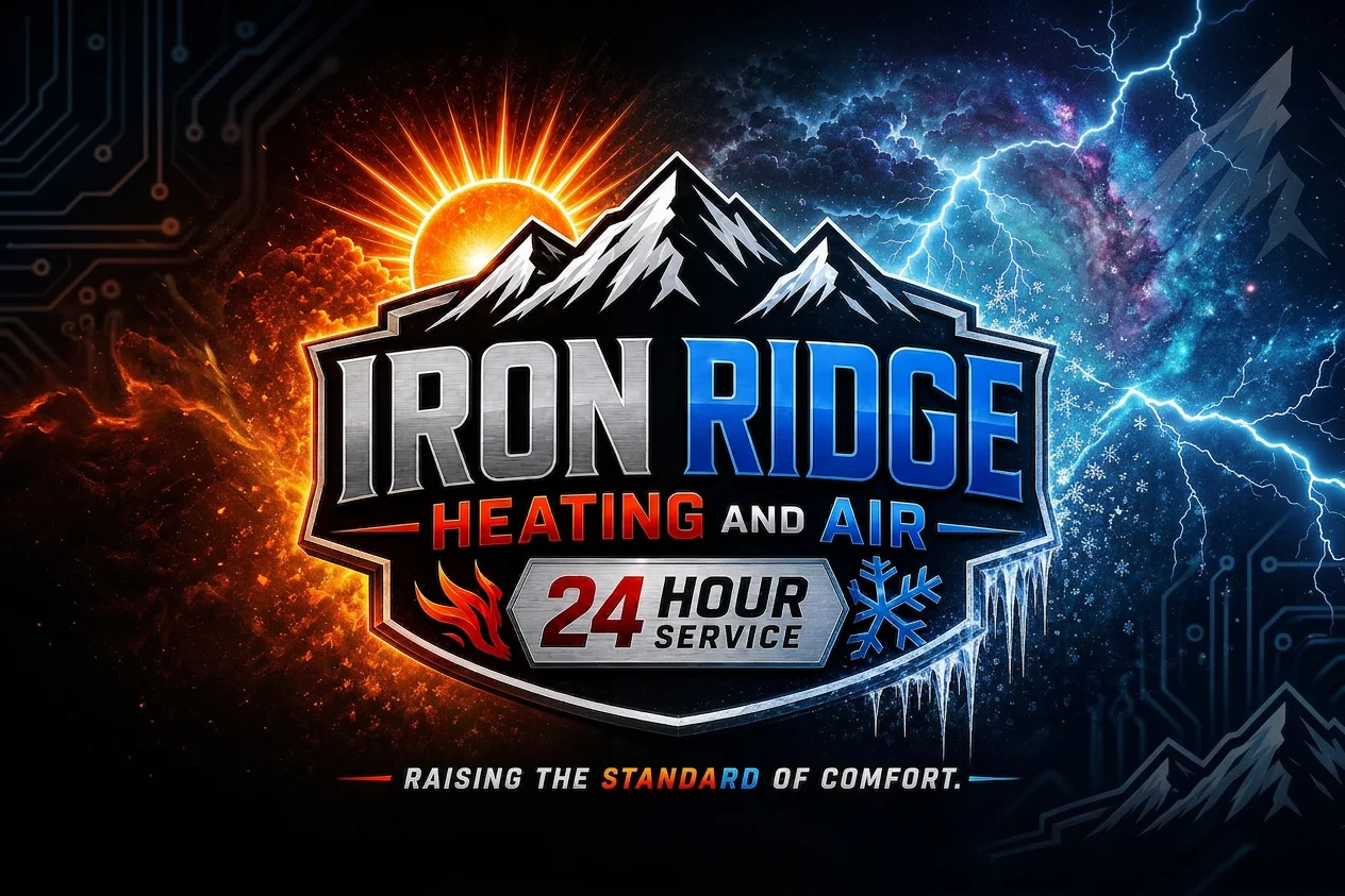 Iron Ridge Heating and Air logo with mountain peaks, sun, and lightning bolt imagery