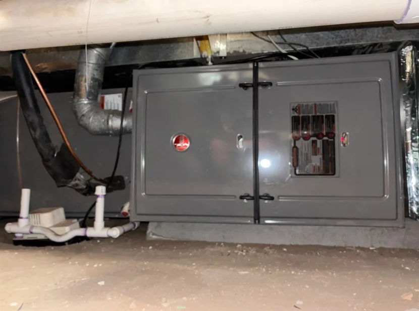 Horizontal furnace with metal enclosure, ductwork, and condensate drain in basement installation