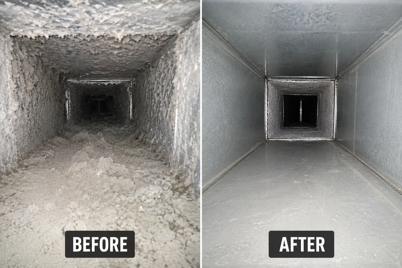 Before and after air duct cleaning showing heavily soiled ductwork transformed to clean metal surfaces