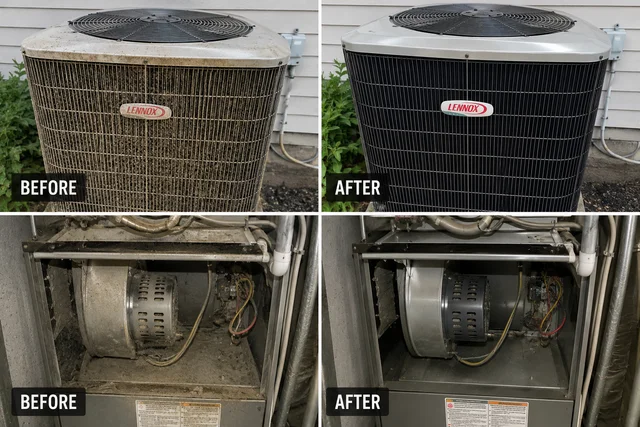 Before and after comparison of AC unit exterior coils and interior blower motor cleaning