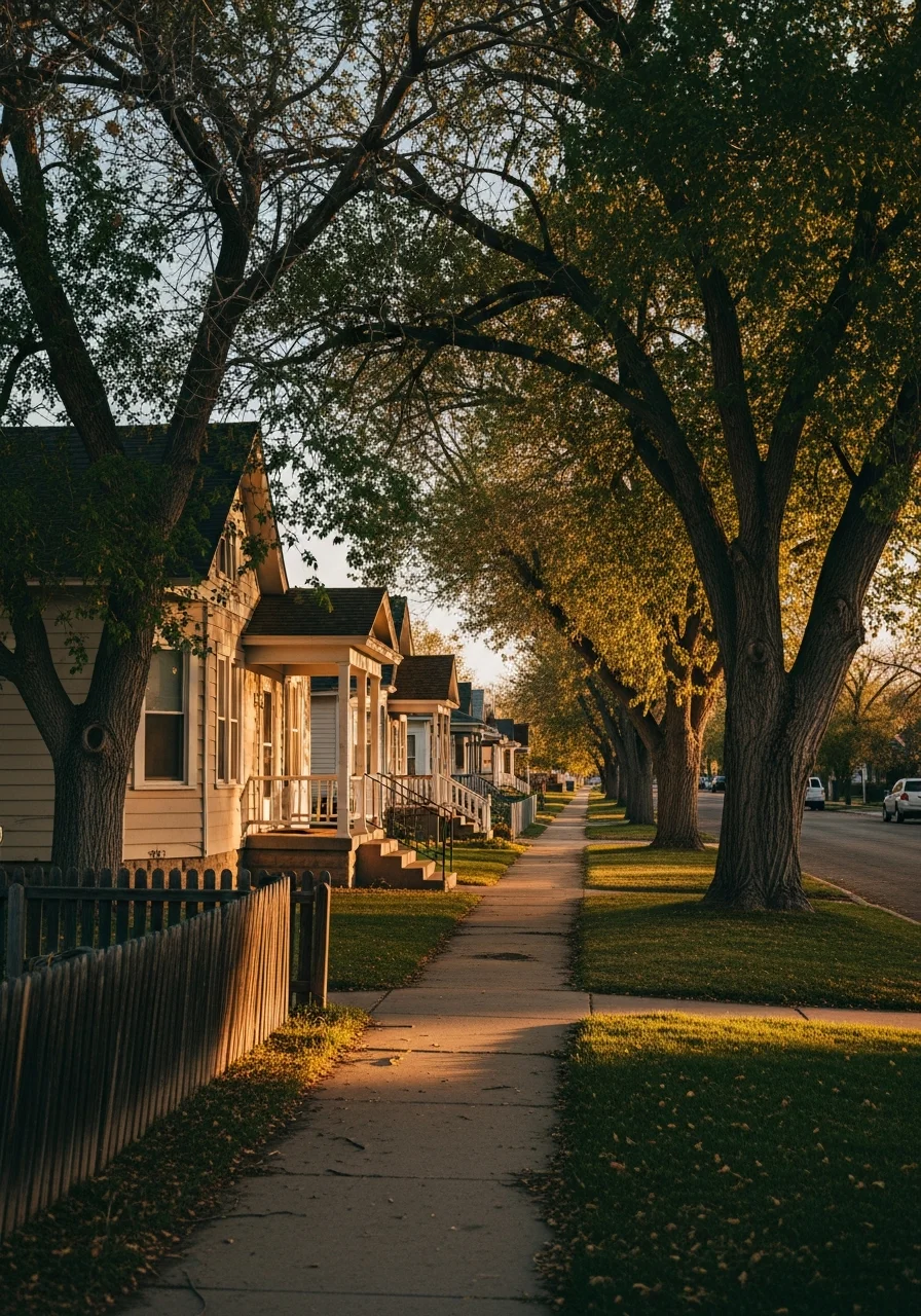 Residential street in Bessemer, Pueblo showing historic homes and tree-lined neighborhood