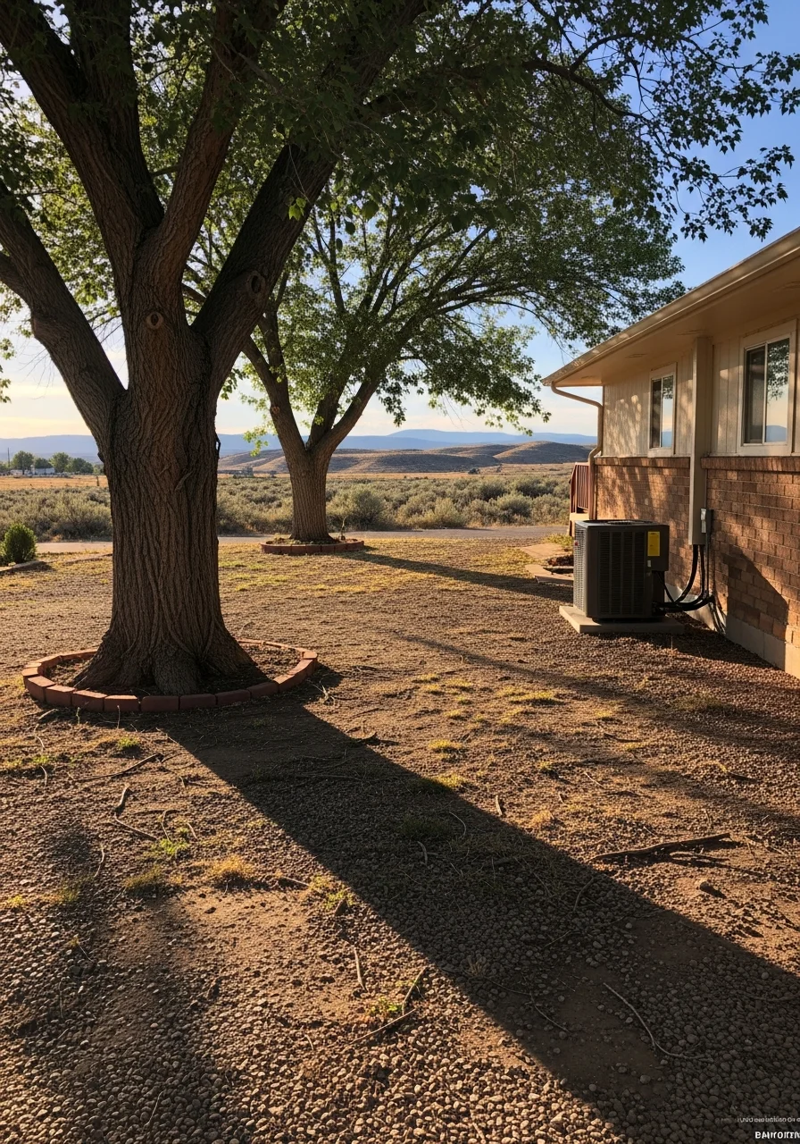 Close-up of a residential property in Canon City with mature trees and a gravel driveway typical of the area.