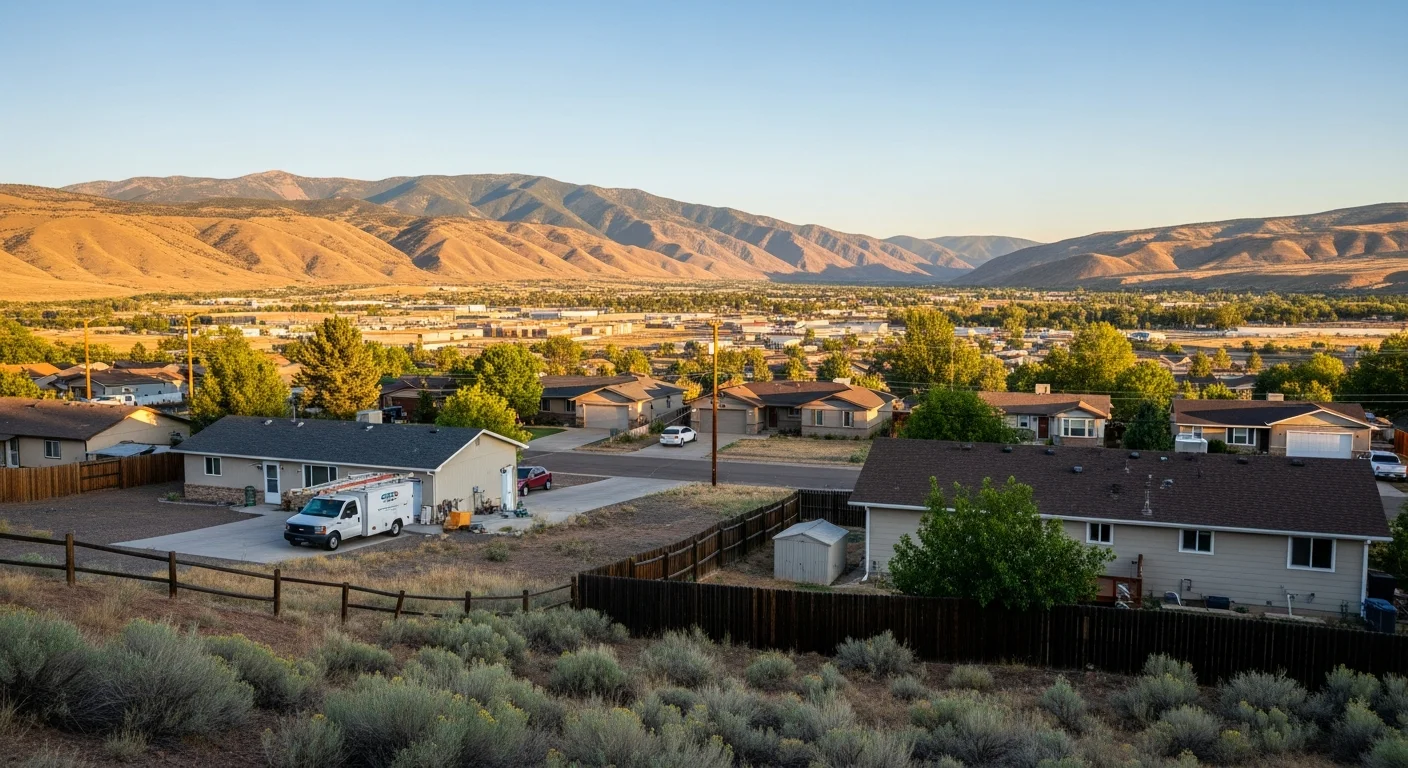 Wide view of Canon City nestled in the Arkansas River valley with mountain ridges in the background and scattered homes across the landscape.