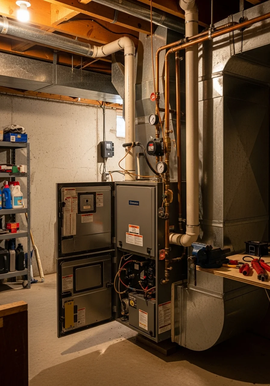 HVAC technician servicing heating system in Coal Creek home
