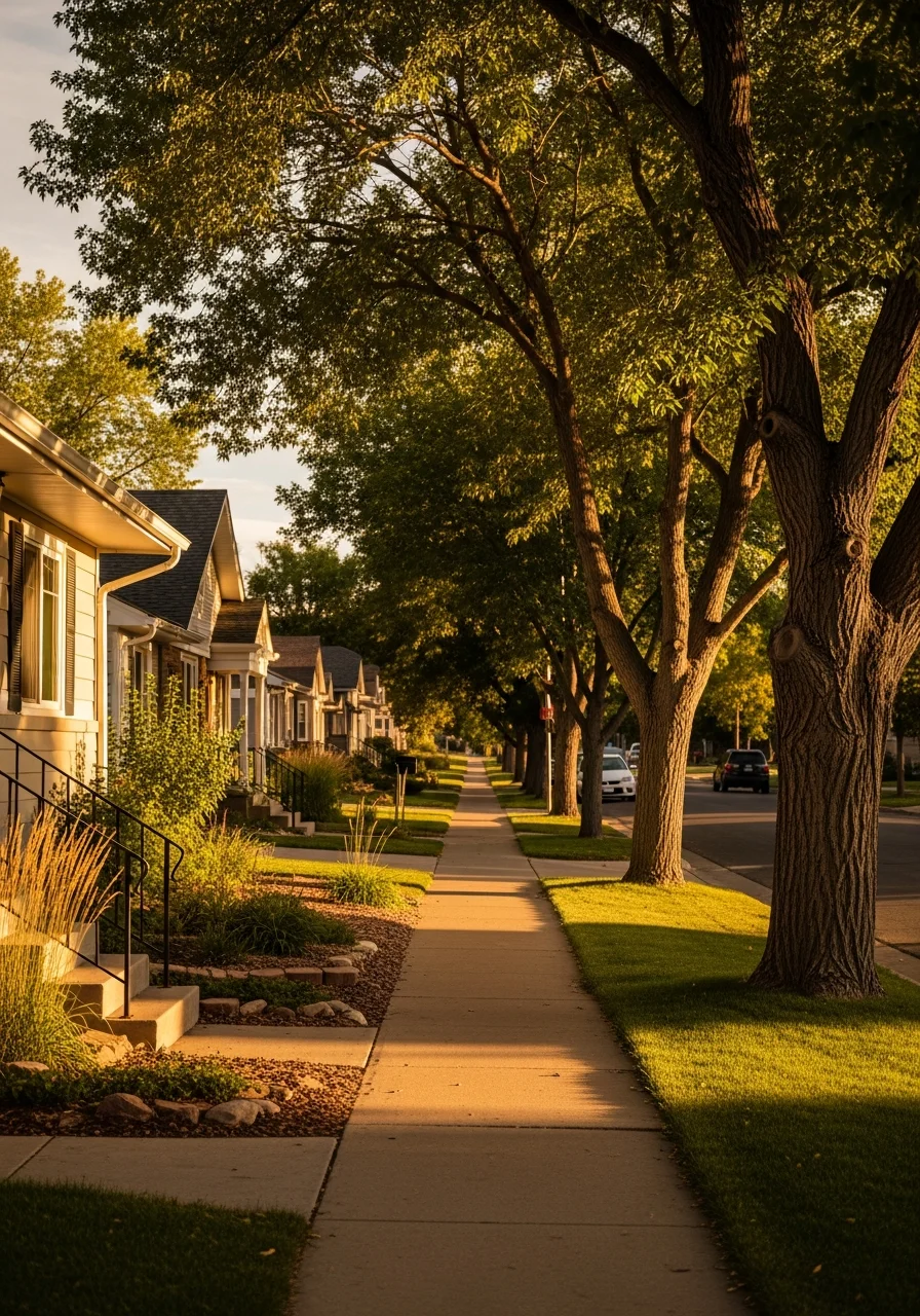 Street-level view of a Colorado Springs residential neighborhood with mature trees, sidewalks, and a variety of home styles.