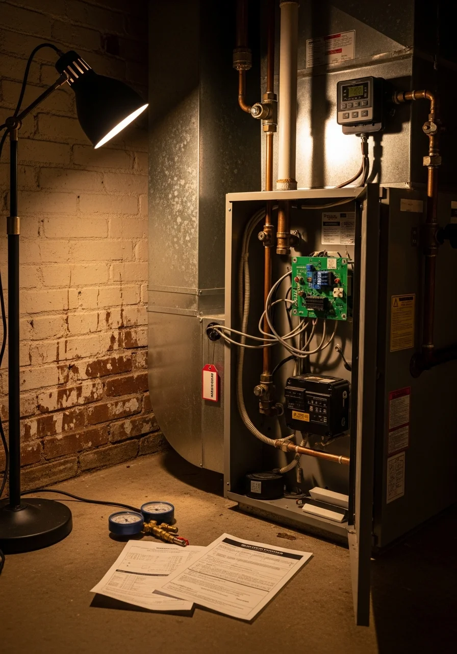HVAC technician performing furnace maintenance on residential heating system