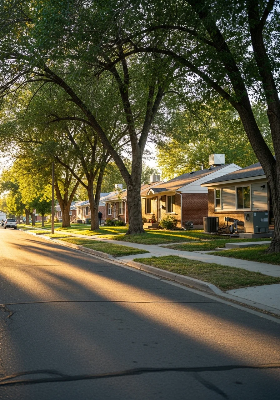Street-level shot of a typical Pueblo residential block with mature trees, sidewalks, and a mix of older and updated homes.