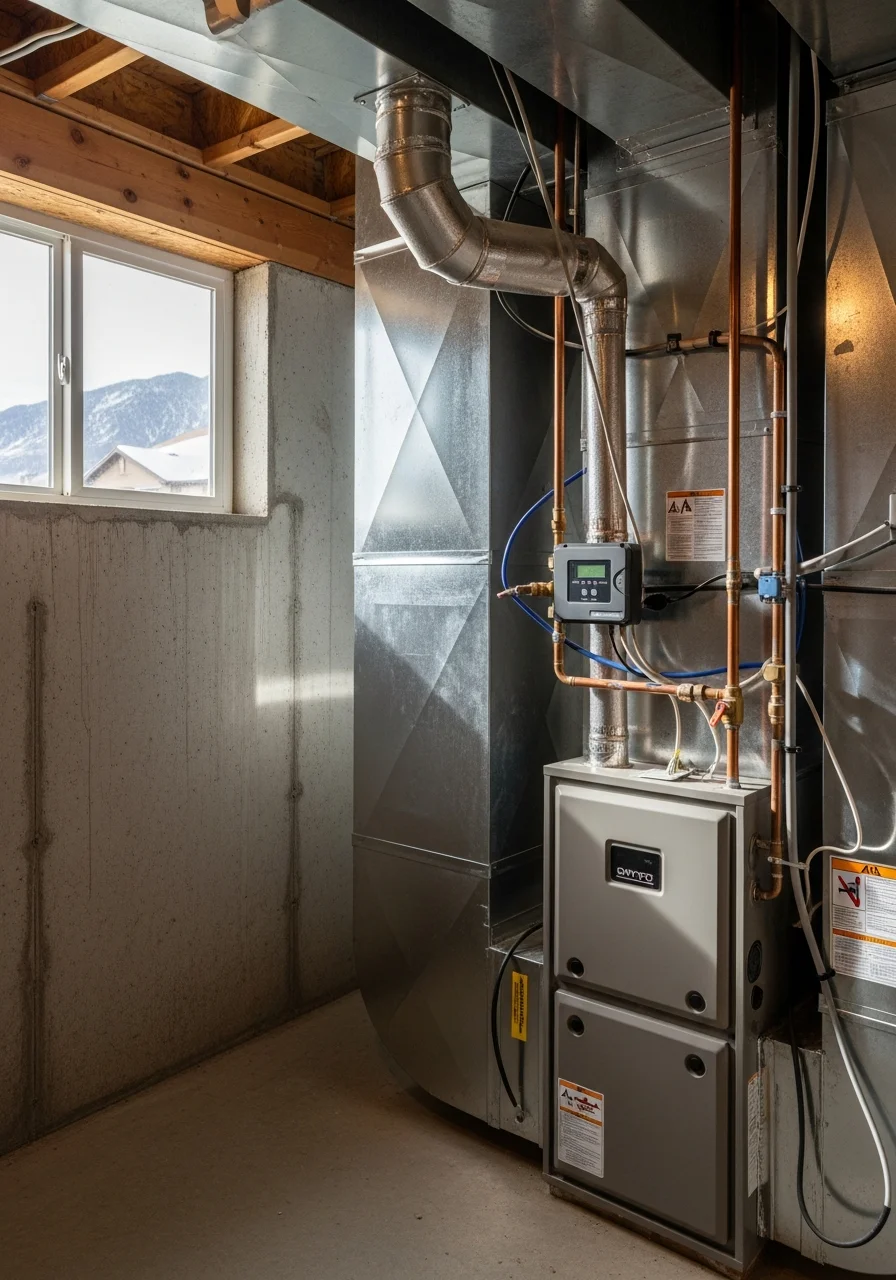Modern HVAC technician servicing heating system in Pueblo home