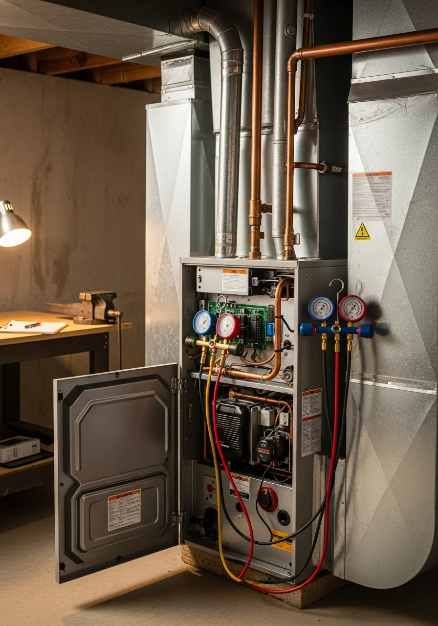 Modern HVAC technician servicing a furnace in a Pueblo County home