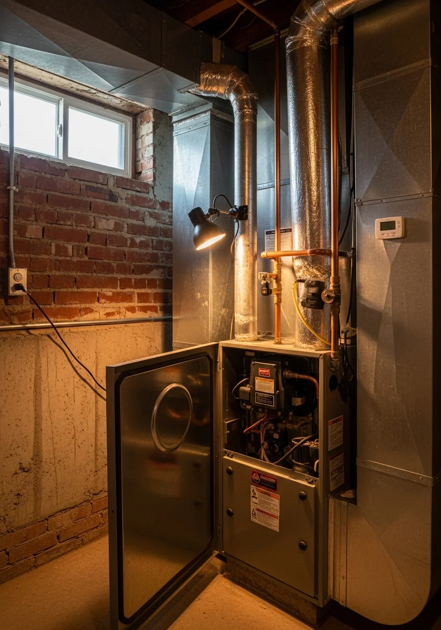 HVAC technician performing furnace maintenance on a residential heating system in Pueblo County