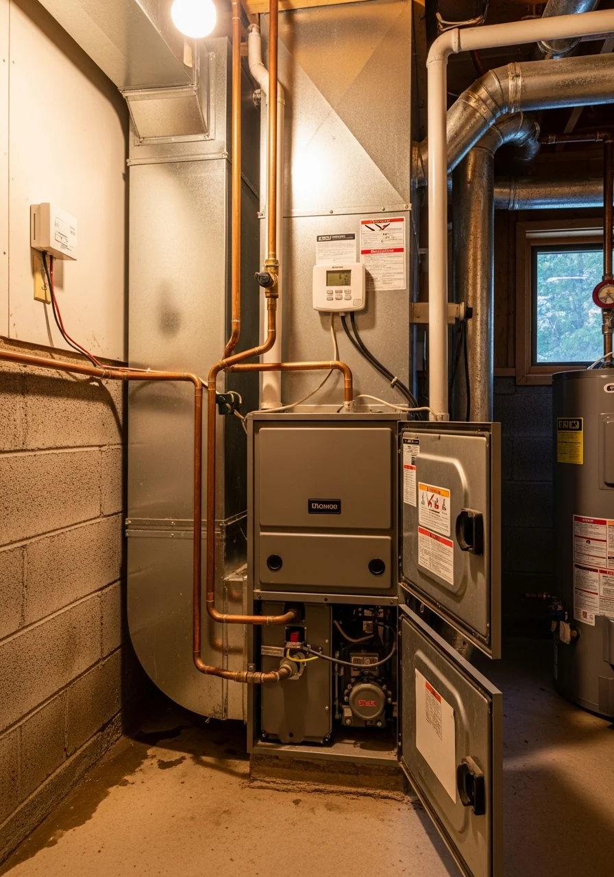 HVAC technician performing furnace maintenance in Rockvale home