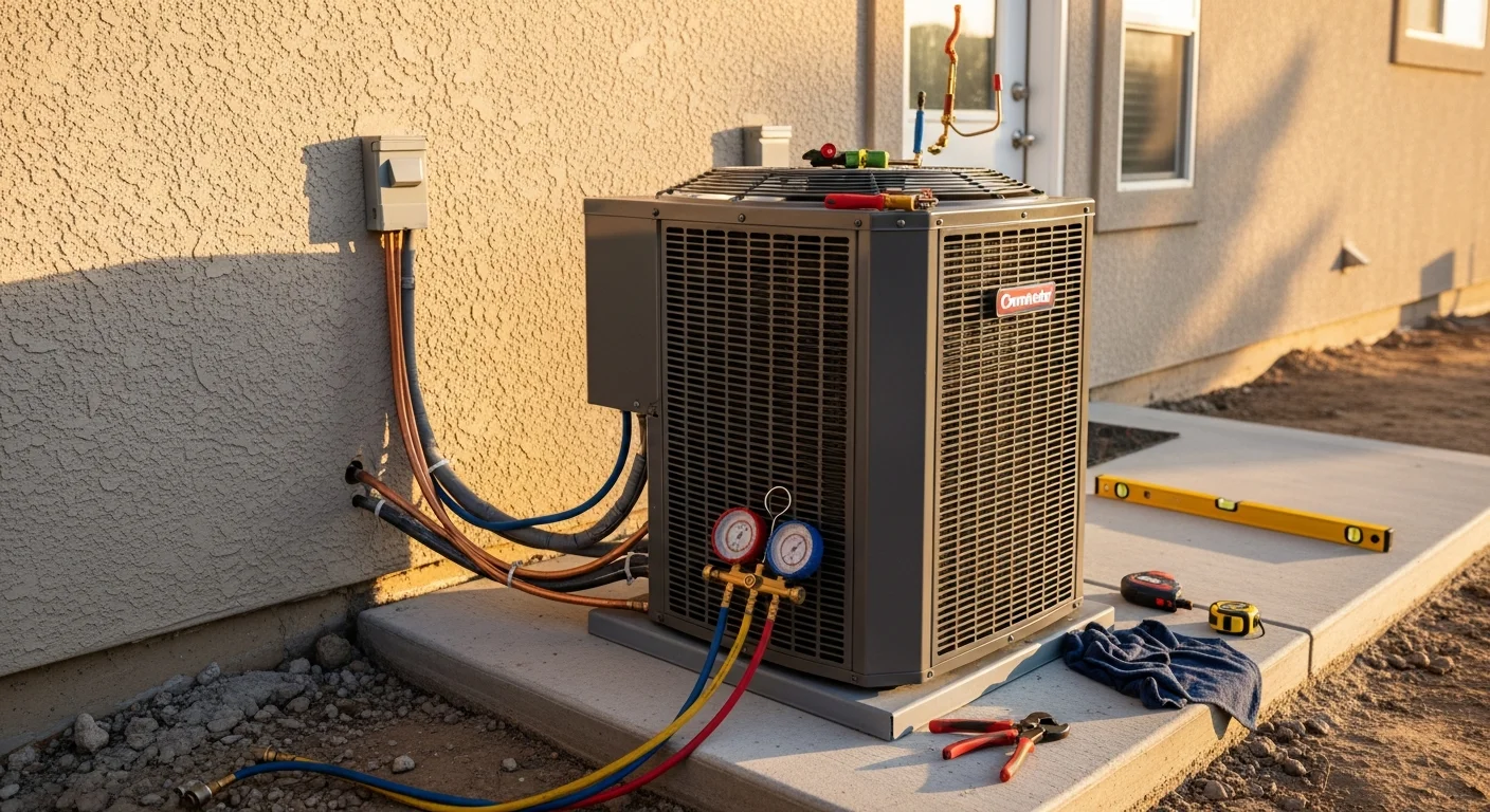 An Iron Ridge Heating & Air technician completing an outdoor condenser unit installation beside a ranch-style home in Canon City, Colorado. The unit is mounted on a level concrete pad with the Arkansas River valley visible in the background.