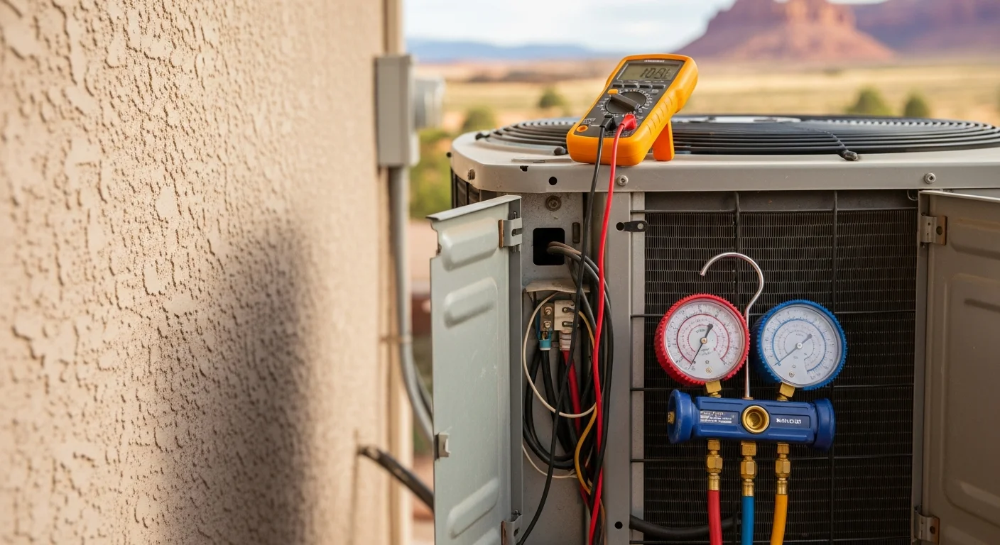 An Iron Ridge Heating & Air technician inspecting an outdoor AC condenser unit at a single-family home in Canon City, Colorado. The technician checks electrical components on a clear summer day with the Arkansas River valley visible in the background.
