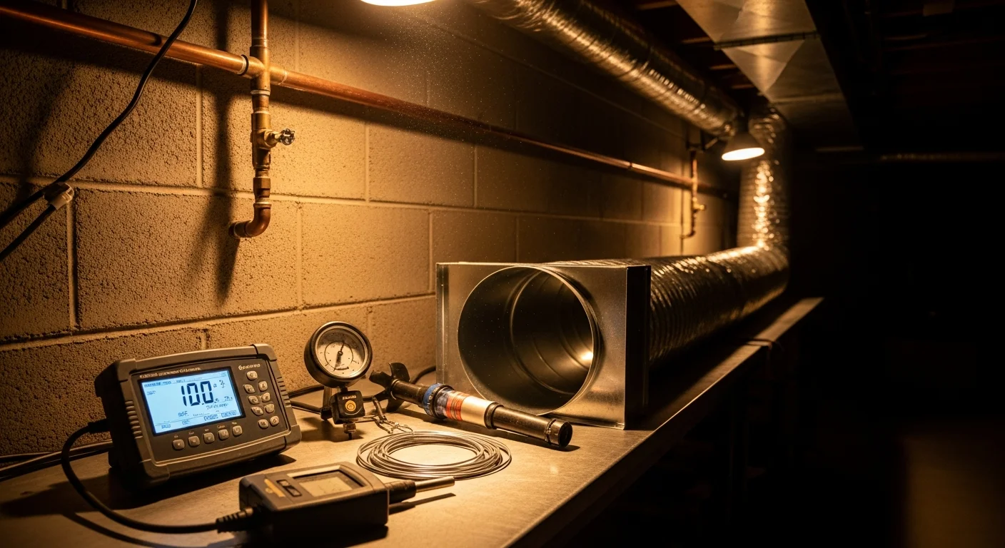 An HVAC technician using an airflow measurement hood over a ceiling supply register inside a Canon City home. The technician reads CFM data on a handheld display while inspecting the duct system for pressure and flow imbalances.