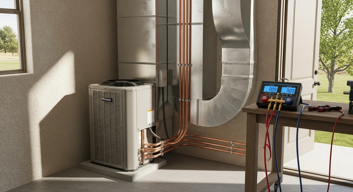 An Iron Ridge Heating & Air technician connecting a new outdoor condensing unit to an existing forced-air system at a single-family home in Canon City, Colorado. The unit is mounted on a level concrete pad beside the home's exterior wall.