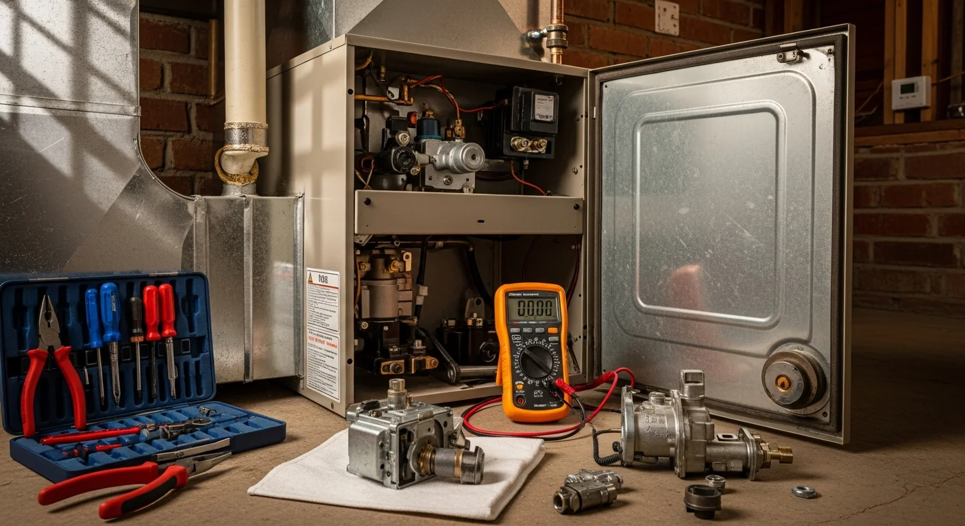 An Iron Ridge Heating & Air technician inspecting a gas furnace inside a Canon City, Colorado home during an emergency repair call. The furnace access panel is open and the technician is checking internal components in a residential utility room.