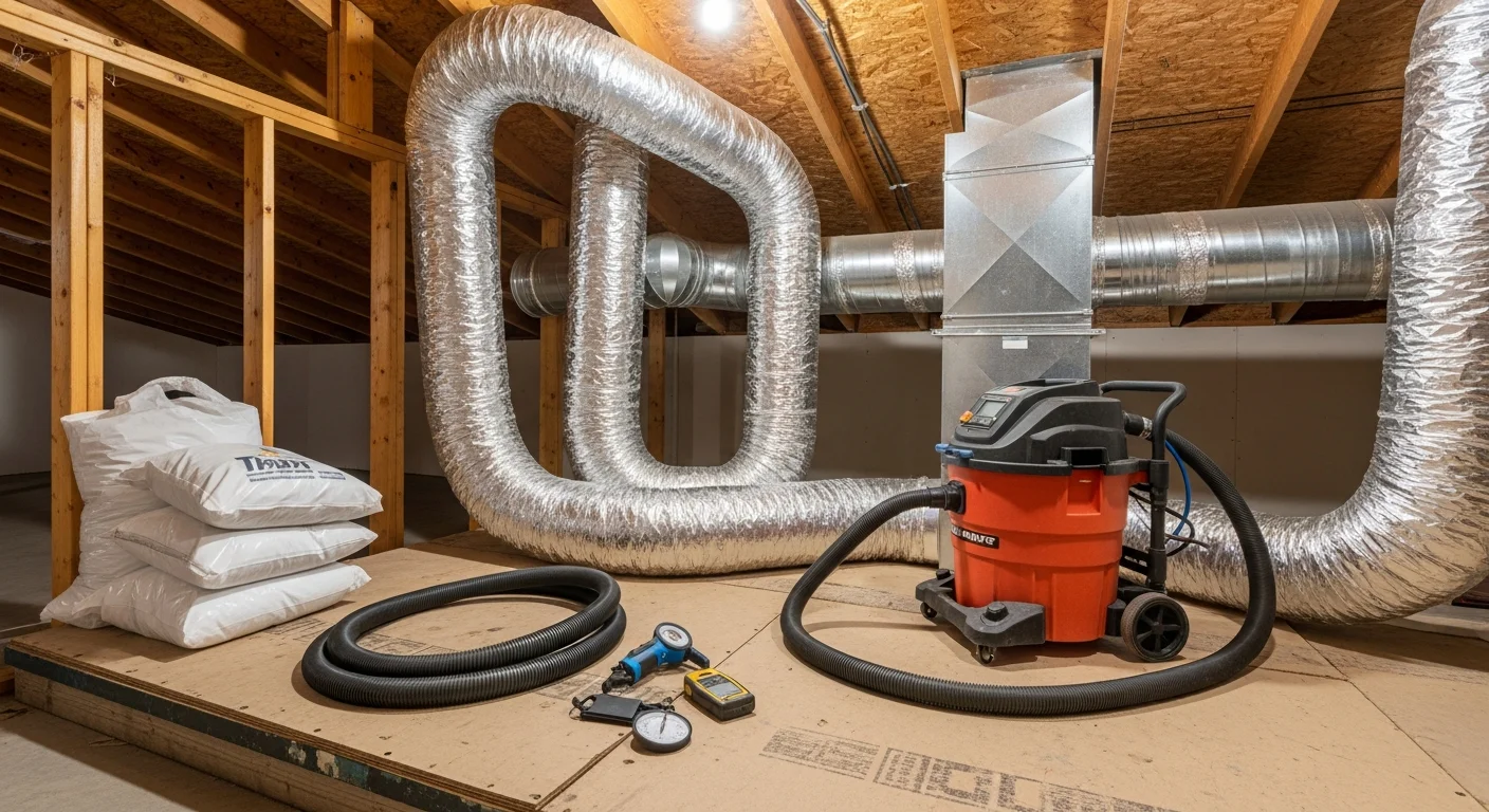 Iron Ridge Heating & Air technician inspecting residential air duct vents inside a Canon City, Colorado home during an energy-efficiency system upgrade service. Clean ductwork with restored airflow visible at a supply register in a single-family home interior.