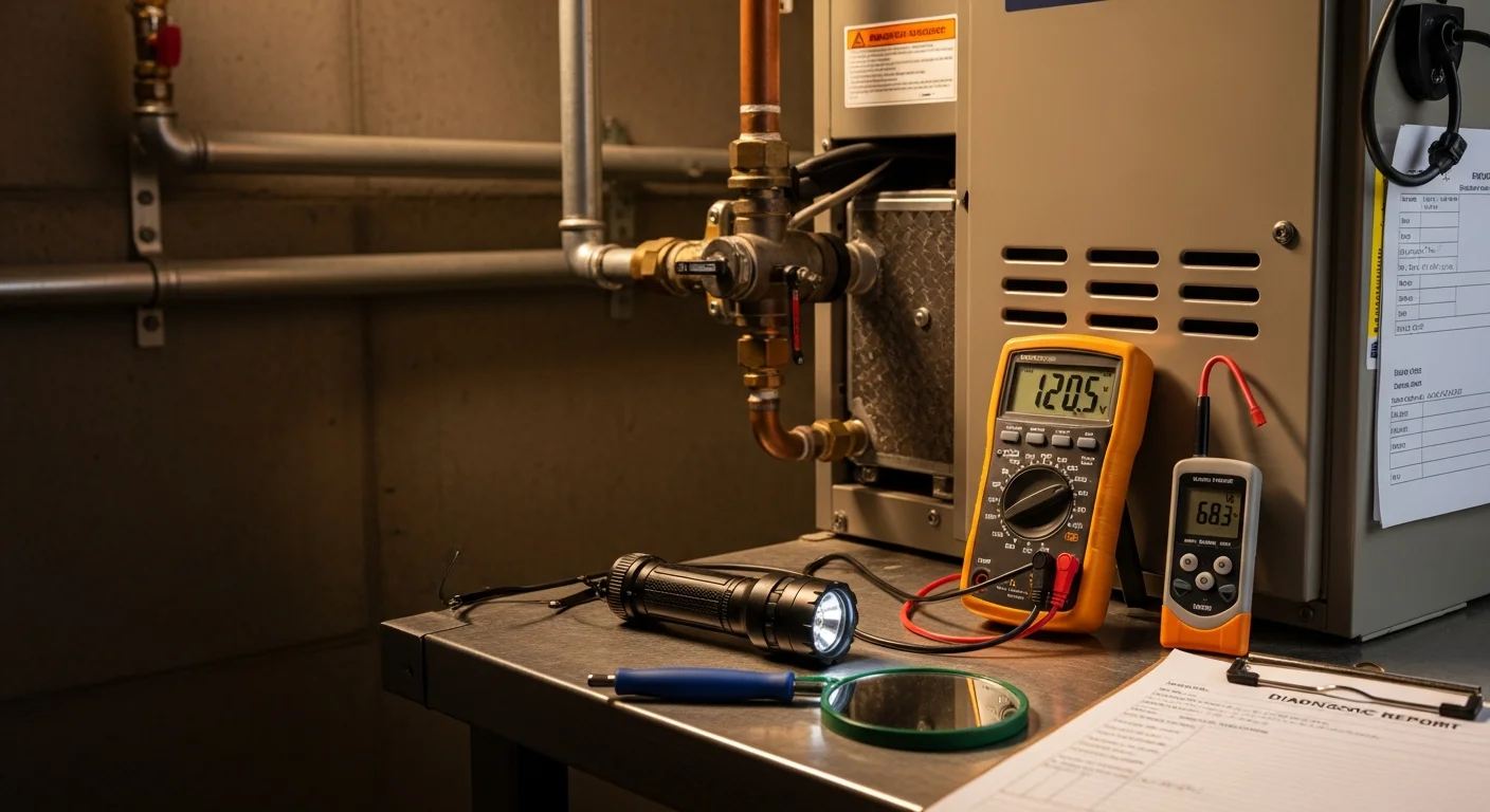 An Iron Ridge Heating & Air technician inspecting the heat exchanger and burner assembly of a residential furnace in a Canon City home. The technician reviews internal components with a flashlight during a safety diagnostic visit.