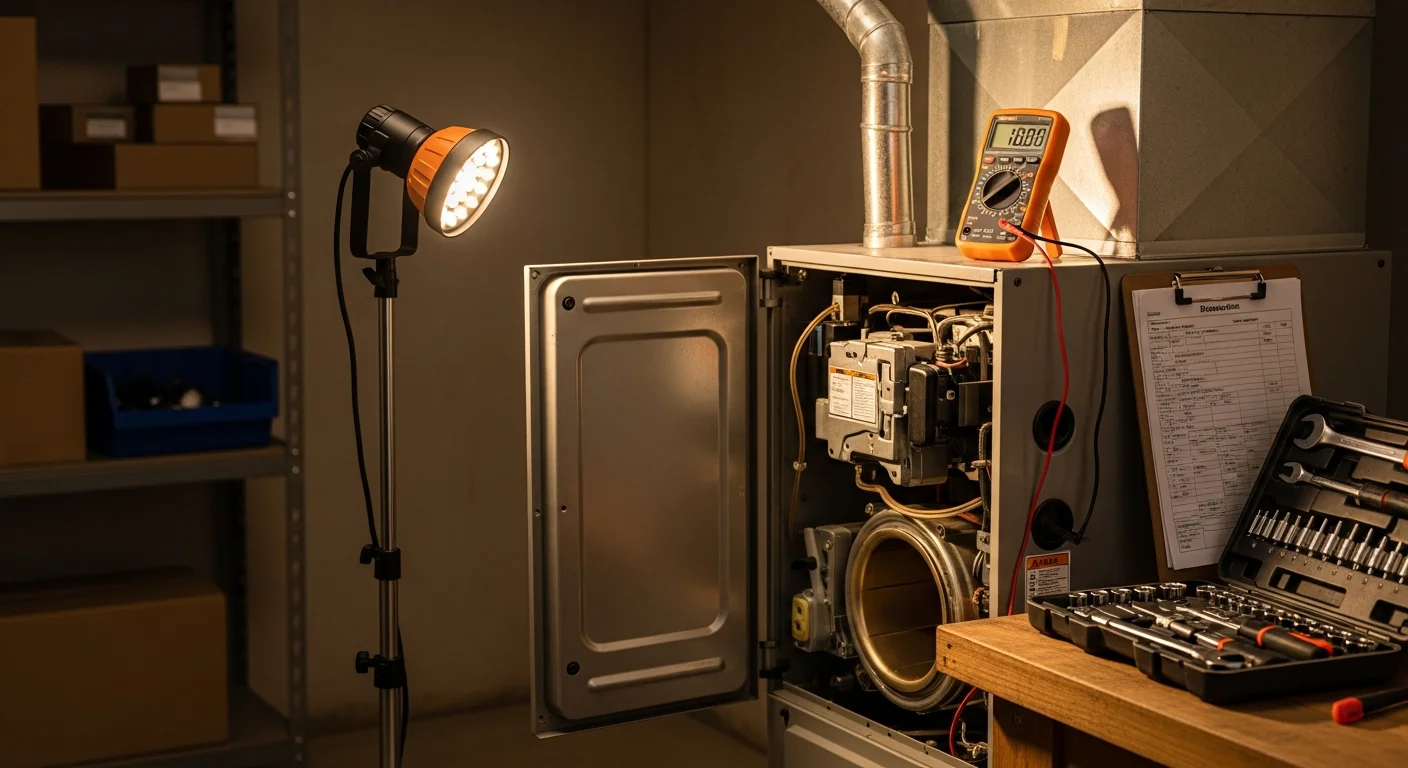 An Iron Ridge Heating & Air technician inspecting an open furnace unit inside a Canon City, Colorado home during winter. The technician is checking internal components with a diagnostic tool near the heat exchanger.