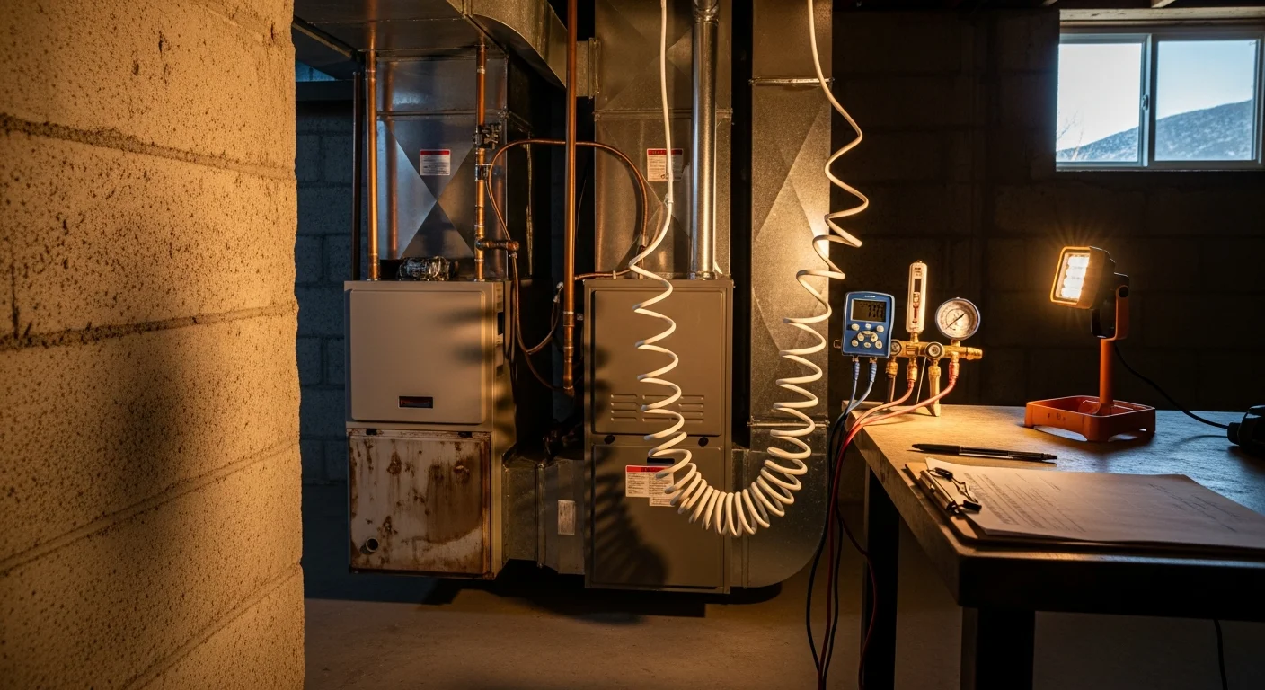 A new furnace installed in the utility room of a single-family home in Canon City, Colorado, with clean ductwork connections and a digital thermostat visible on the wall. An Iron Ridge Heating & Air technician checks airflow output after completing the replacement.