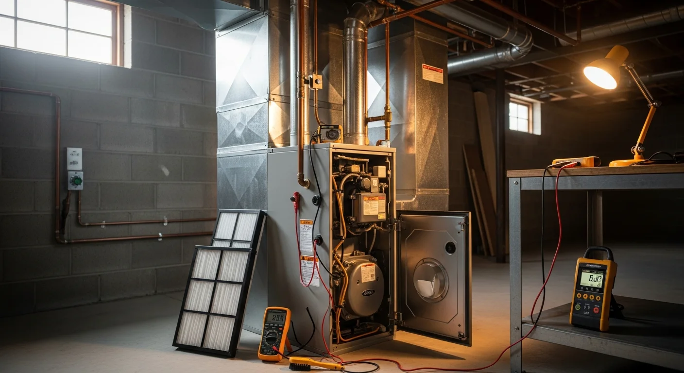 An Iron Ridge Heating & Air technician inspecting the burner assembly and heat exchanger inside a residential gas furnace in a Canon City home. The furnace access panel is open and the technician is using a flashlight to check internal components during an annual tune-up.