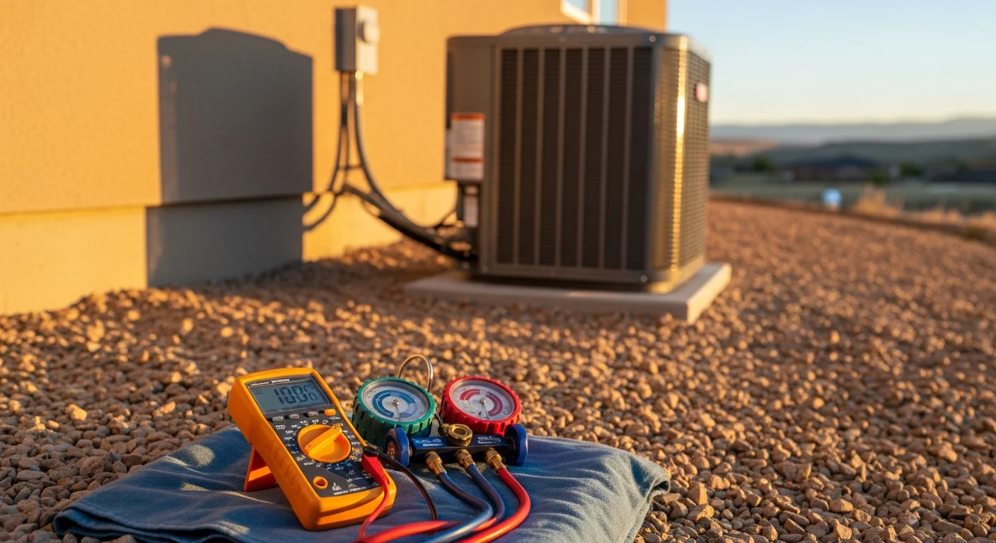 An Iron Ridge Heating & Air technician inspecting the outdoor heat pump unit at a ranch-style home in Canon City, Colorado. The technician checks electrical connections and refrigerant lines on a clear high-desert day.