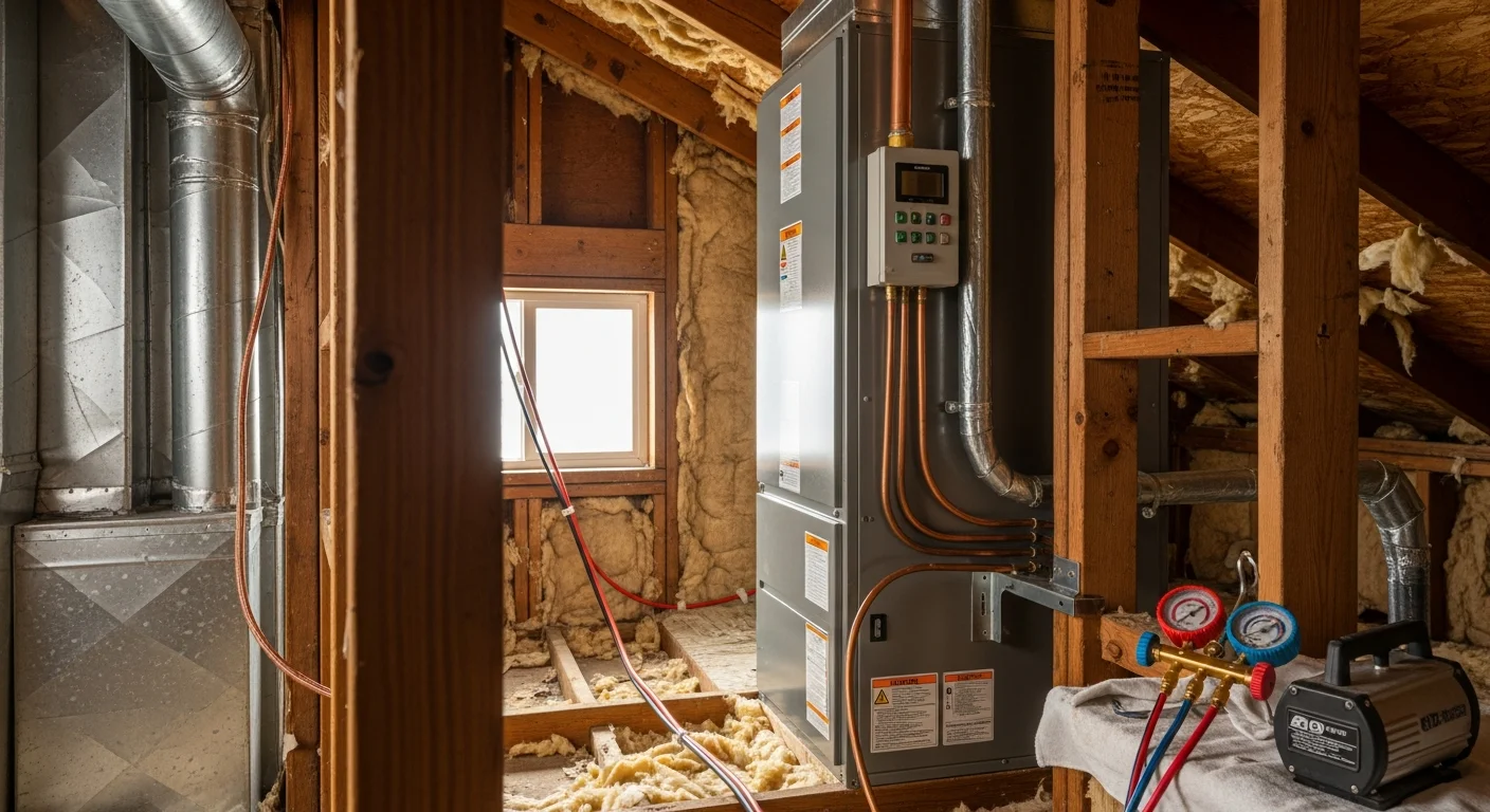 A technician from Iron Ridge Heating & Air installs a new heat pump unit outside a ranch-style home in Canon City, Colorado. The outdoor condenser sits on a level pad against a stucco exterior with the high-desert landscape visible in the background.