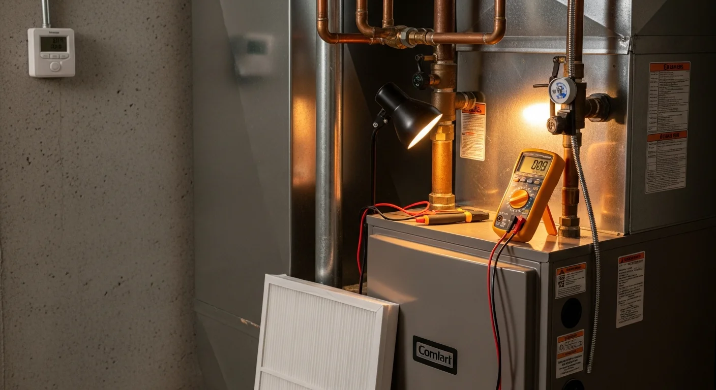 An Iron Ridge Heating & Air technician inspecting a furnace inside a Canon City, Colorado home. The technician checks the heat exchanger and blower components during a scheduled HVAC maintenance tune-up.