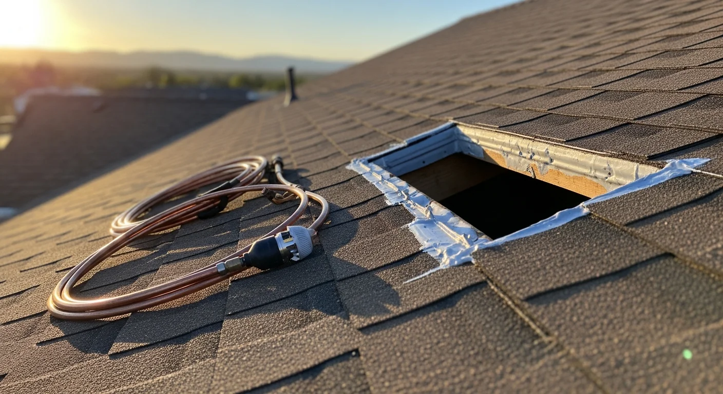 A rooftop swamp cooler being removed from a single-story Canon City home with the roof opening prepped for capping. A technician from Iron Ridge Heating & Air works on the exposed roof deck against a clear Colorado sky.