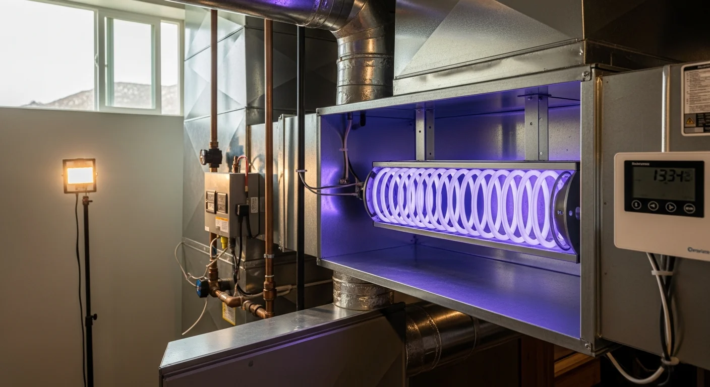 A UV-C lamp installed inside a residential HVAC air handler in a Canon City home, with the unit open to show the purification component mounted near the evaporator coil. The surrounding ductwork and mechanical room reflect a typical single-family home setup in the Canon City area.