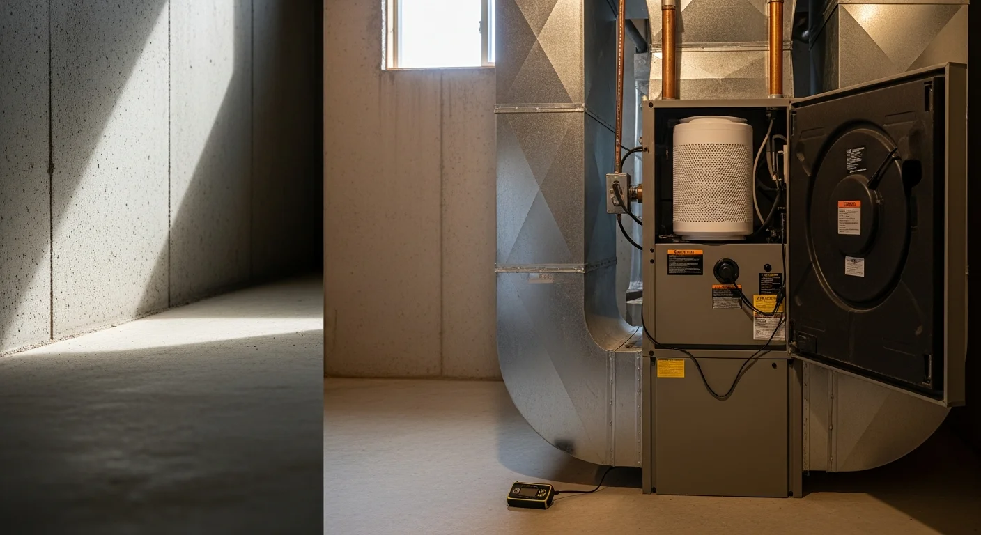 An Iron Ridge Heating & Air technician integrating a whole-home air purification unit into a residential HVAC air handler in a Canon City home. The ductwork connections and purification components are visible against the furnace cabinet in a utility room.